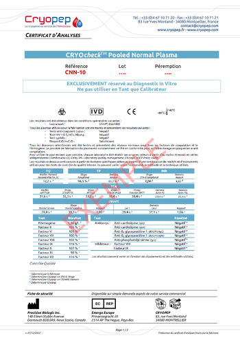 Certificat d'analyses CRYOcheck™ Pooled Normal Plasma 